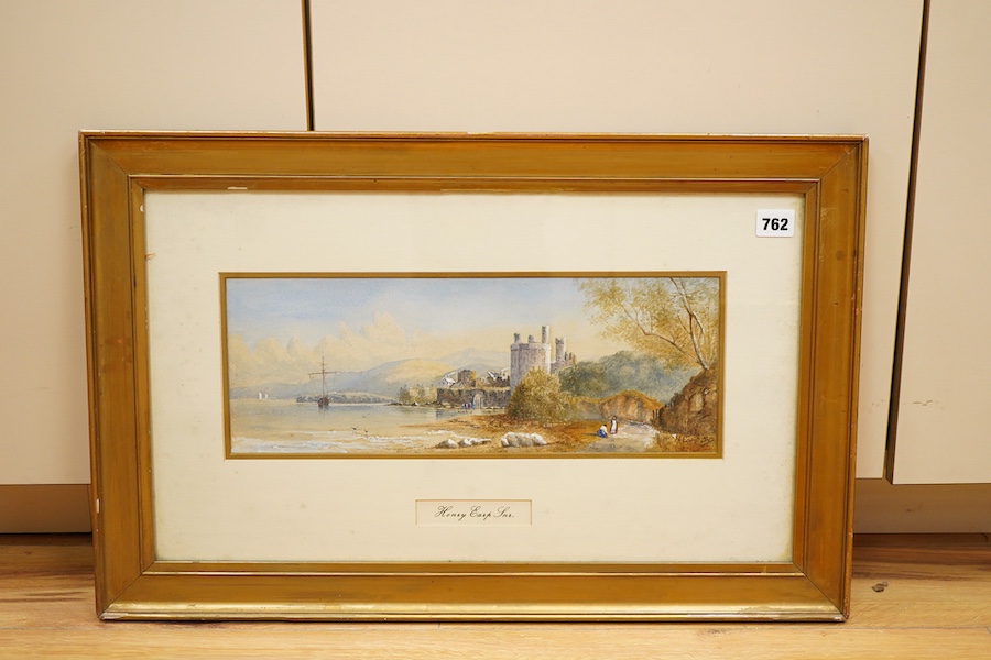 Henry Earp Snr. (1831-1914), Lakeside landscape with castle, signed, watercolour heightened with white, 14.5 x 40cm